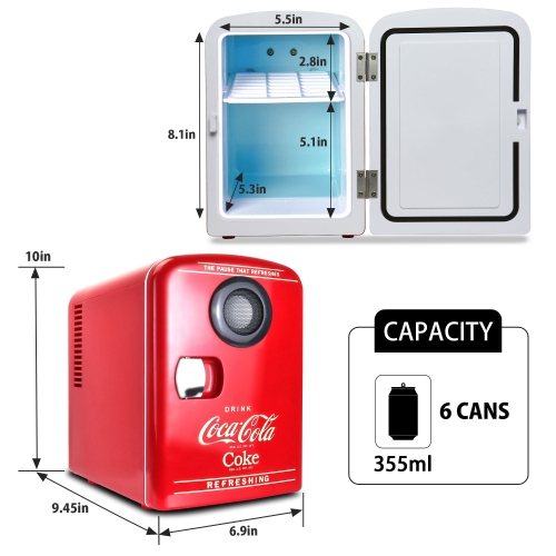 Coca-Cola 4L Portable Cooler/Warmer with Bluetooth Speaker, Compact Personal Fridge with Built-In Wireless Speaker, Includes 12V and AC Cords, Red