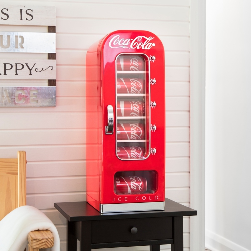 Coca-Cola Retro Vending Machine Style 10 Can Mini Fridge with Display Window, AC/DC Portable Beverage Cooler for Soft Drink Cans, Includes 12V and AC
