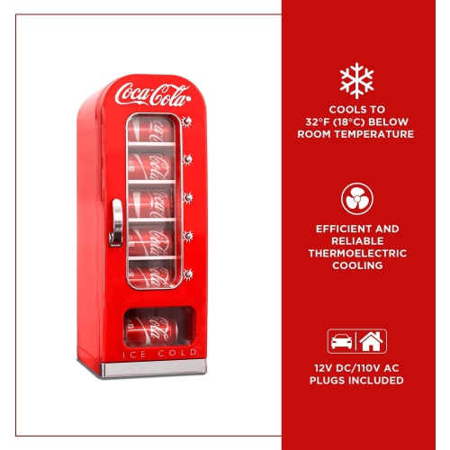 Coca-Cola Retro Vending Machine Style 10 Can Mini Fridge with Display Window, AC/DC Portable Beverage Cooler for Soft Drink Cans, Includes 12V and AC
