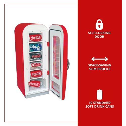 Coca-Cola Retro Vending Machine Style 10 Can Mini Fridge with Display Window, AC/DC Portable Beverage Cooler for Soft Drink Cans, Includes 12V and AC