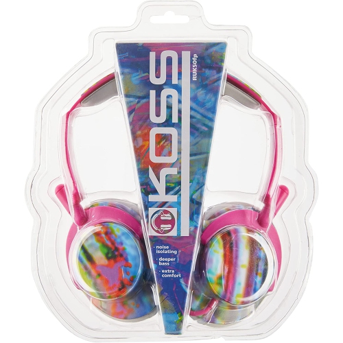 Koss Headphone Full Size Noise Isolating Deep Bass Extra Comfort Fold Flat Design Adjustable Padded Headband - Pink