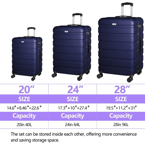 Luggage Sets 3 Piece AnyZip PC ABS Hardside Expandable Suitcase with 4 Universal Wheels TSA Lock Carry On 20 24 28 Inch Dark Blue