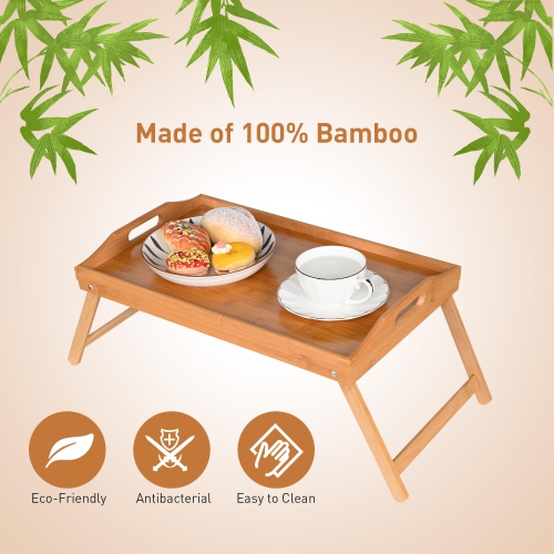 Bamboo Breakfast Bed Tray Table with Handles,Foldable Serving Portable Laptop Tray for Eating and Working
