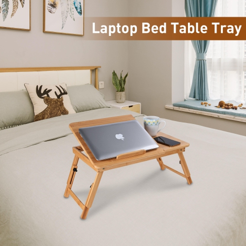 Bamboo Laptop Desk Bed Table Tray with USB Cooling Fan,Adjustable Height and Tilt Laptop Stand Foldable Breakfast Table Fits up to 15.6" Laptop