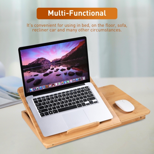 Bamboo Laptop Desk Bed Table Tray with USB Cooling Fan,Adjustable Height and Tilt Laptop Stand Foldable Breakfast Table Fits up to 15.6" Laptop