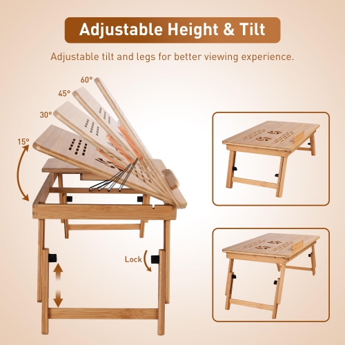 Bamboo Laptop Desk Bed Table Tray with USB Cooling Fan,Adjustable Height and Tilt Laptop Stand Foldable Breakfast Table Fits up to 15.6" Laptop