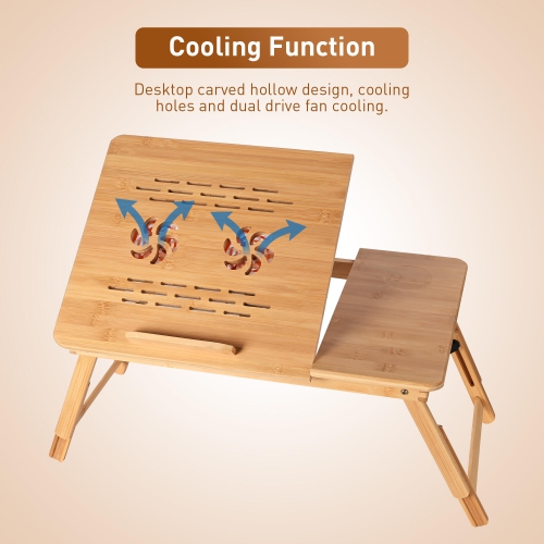 Bamboo Laptop Desk Bed Table Tray with USB Cooling Fan,Adjustable Height and Tilt Laptop Stand Foldable Breakfast Table Fits up to 15.6" Laptop
