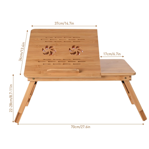Bamboo Laptop Desk Bed Table Tray with USB Cooling Fan,Adjustable Height and Tilt Laptop Stand Foldable Breakfast Table Fits up to 15.6" Laptop