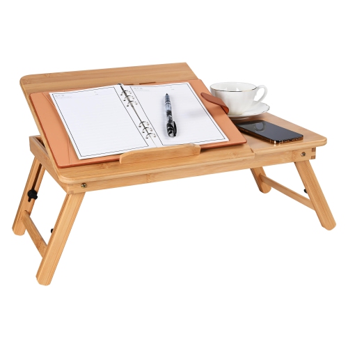 Bamboo Laptop Desk Bed Table Tray with USB Cooling Fan,Adjustable Height and Tilt Laptop Stand Foldable Breakfast Table Fits up to 15.6" Laptop
