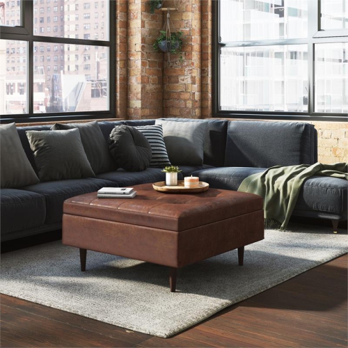 Shay 38 in.W Large Coffee Table Ottoman in Distressed Saddle Brown Faux Leather