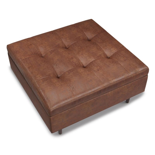 Shay 38 in.W Large Coffee Table Ottoman in Distressed Saddle Brown Faux Leather