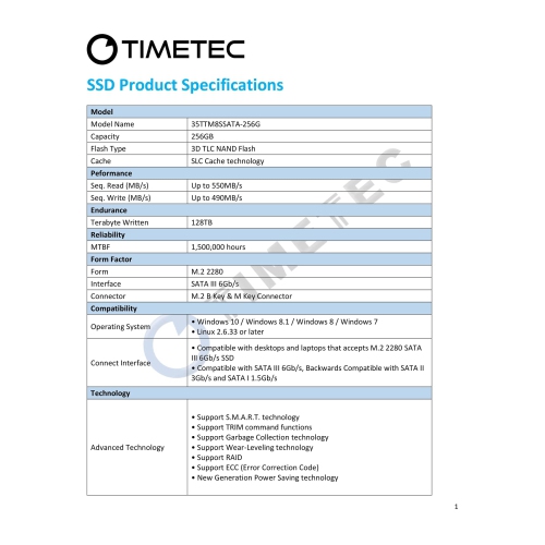 Timetec 256GB SSD 3D NAND TLC SATA III 6Gb/s M.2 2280 NGFF 128TBW Read Speed Up to 550MB/s SLC Cache Performance Boost Internal Solid State Drive for