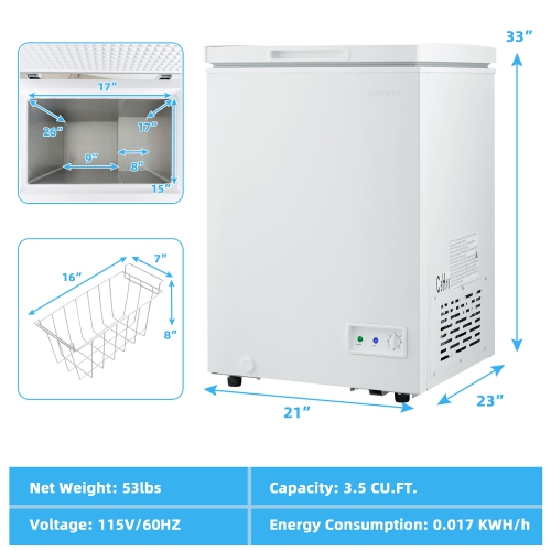 Costway 3.5 Cubic Feet Chest Freezer w/Removable Storage Basket Deep Freezer