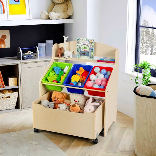 Costway Kids Wooden Toy Storage Unit Organizer w/Rolling Toy Box & Plastic Bins