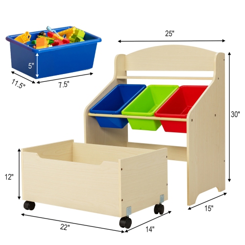 Costway Kids Wooden Toy Storage Unit Organizer w/Rolling Toy Box & Plastic Bins