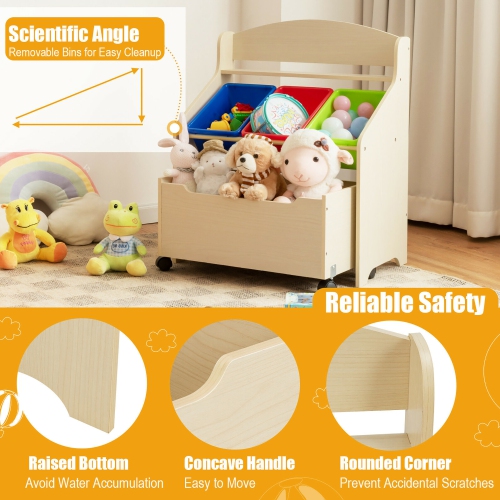 Costway Kids Wooden Toy Storage Unit Organizer w/Rolling Toy Box & Plastic Bins