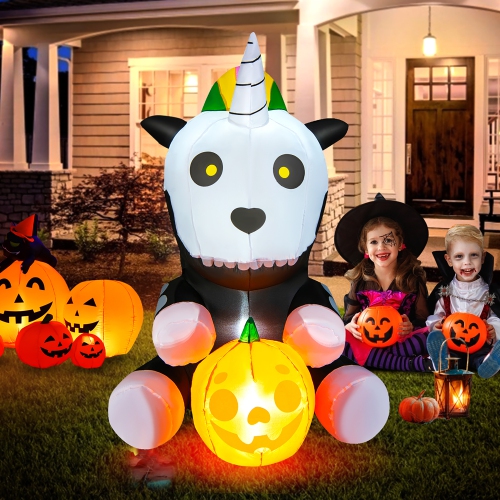 COSTWAY  5Ft Inflatable Halloween Unicorn Skeleton Holding Pumpkin for Yard W/led Lights