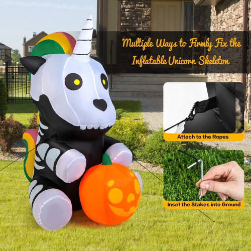 COSTWAY  5Ft Inflatable Halloween Unicorn Skeleton Holding Pumpkin for Yard W/led Lights