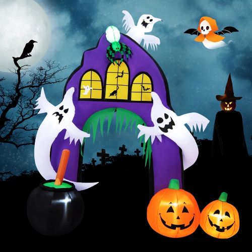 COSTWAY  9 Ft Tall Halloween Inflatable Castle Archway Decor W/ Spider Ghosts &built-In Lights