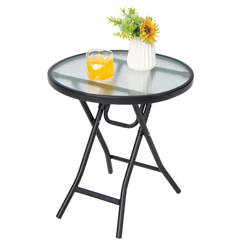 Costway Patio Folding Round Glass Side Table Bistro Coffee Table Plant Stand