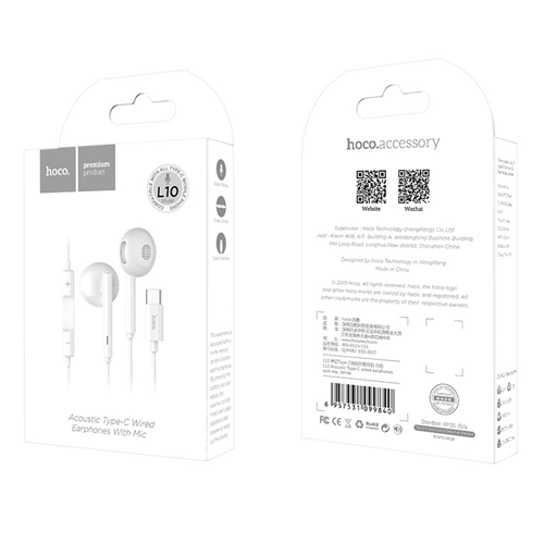 Hoco L10 Acoustic Type-C Wired White Earphones with Mic 1.2m Controllable Earbuds