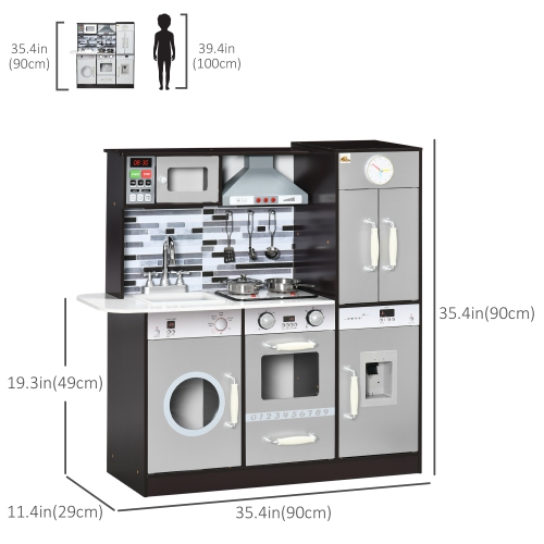 Cuisine de jeu en bois Qaba avec sons de lumières, cuisine pour enfants avec lave-linge, distributeur d'eau, four à micro-ondes, hotte de cuisinière,