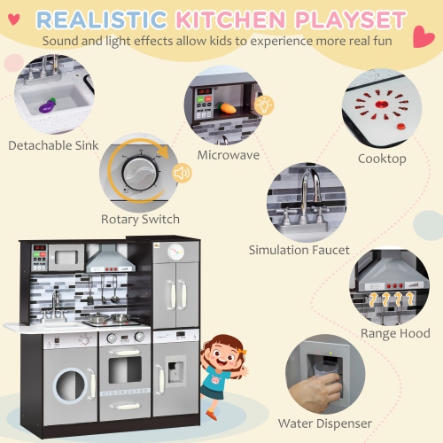 Cuisine de jeu en bois Qaba avec sons de lumières, cuisine pour enfants avec lave-linge, distributeur d'eau, four à micro-ondes, hotte de cuisinière,