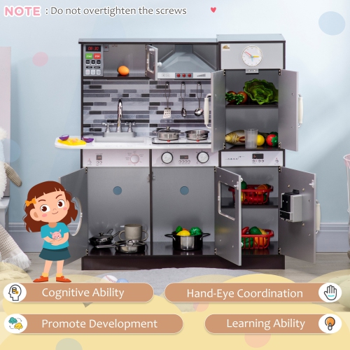 Cuisine de jeu en bois Qaba avec sons de lumières, cuisine pour enfants avec lave-linge, distributeur d'eau, four à micro-ondes, hotte de cuisinière,