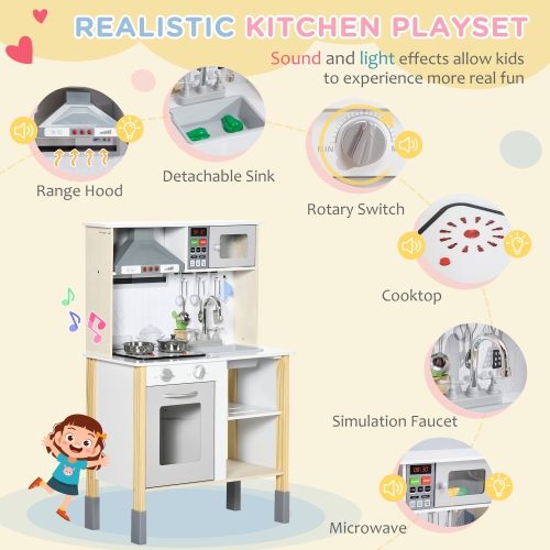 Qaba Wooden Play Kitchen with Realistic Lights Sounds, Adjustable Height Kids Kitchen Playset with Microwave, Fun with Friends, Range Hood,