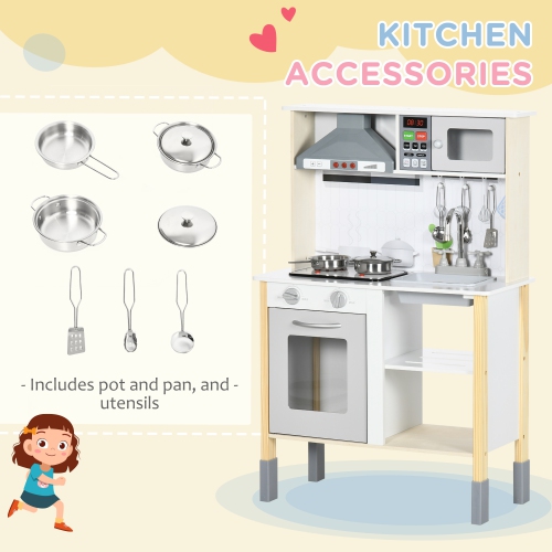 Qaba Wooden Play Kitchen with Realistic Lights Sounds, Adjustable Height Kids Kitchen Playset with Microwave, Fun with Friends, Range Hood,