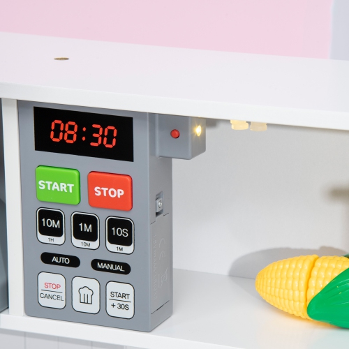 Qaba Wooden Play Kitchen with Realistic Lights Sounds, Adjustable Height Kids Kitchen Playset with Microwave, Fun with Friends, Range Hood,