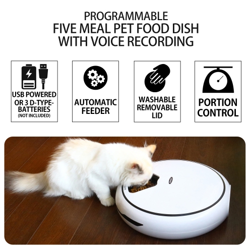 Lentek 5 Meal Automatic Pet Feeder with Voice Message, White, Timed Food Dispenser for Cat or Dog,