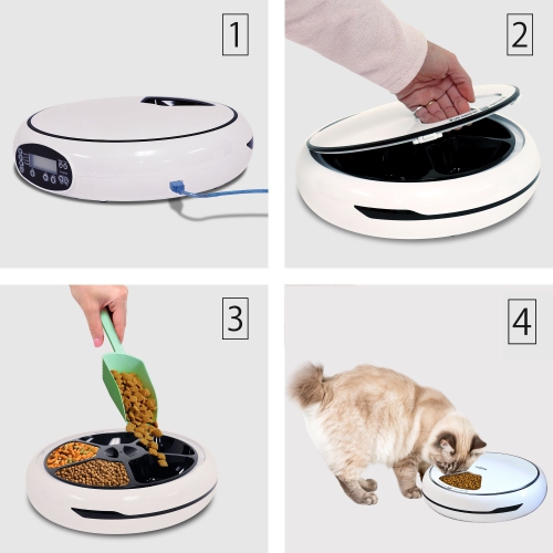Lentek 5 Meal Automatic Pet Feeder with Voice Message, White, Timed Food Dispenser for Cat or Dog,