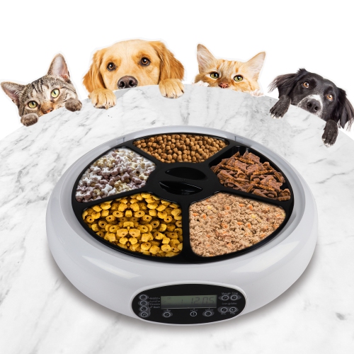 Lentek 5 Meal Automatic Pet Feeder with Voice Message, White, Timed Food Dispenser for Cat or Dog,