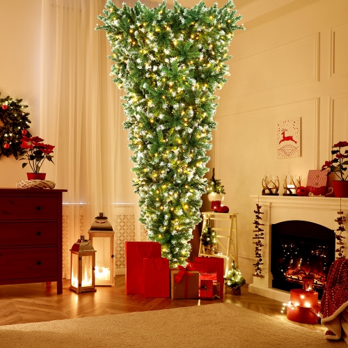 GYMAX  7.5Ft Pre-Lit Snowy Inverted Christmas Tree Artificial Tree W/ 400 Led Lights