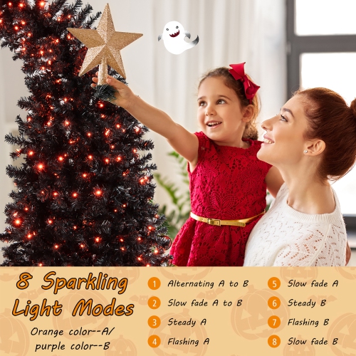 Gymax 7.5FT Pre-Lit Hinged Artificial Halloween Tree Holiday Decor Tree w/ Lights