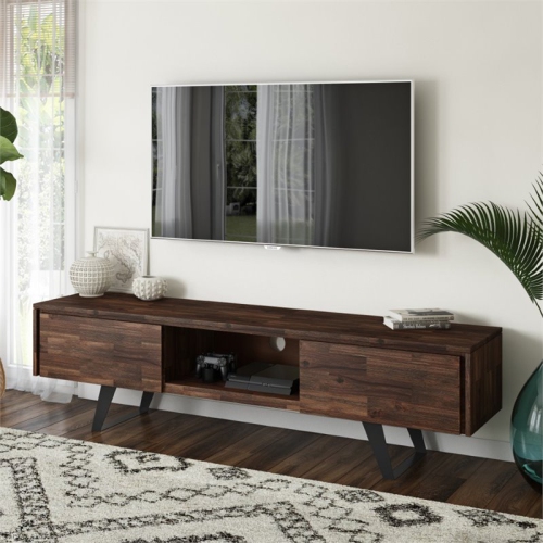 Simpli Home Lowry 72" Solid Wood Modern TV Stand in Distressed Charcoal Brown