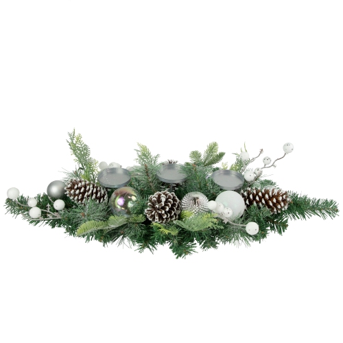 Pine and Berries Triple Candle Holder with Iridescent Christmas Ornaments - 32"