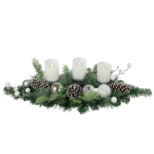Pine and Berries Triple Candle Holder with Iridescent Christmas Ornaments - 32"