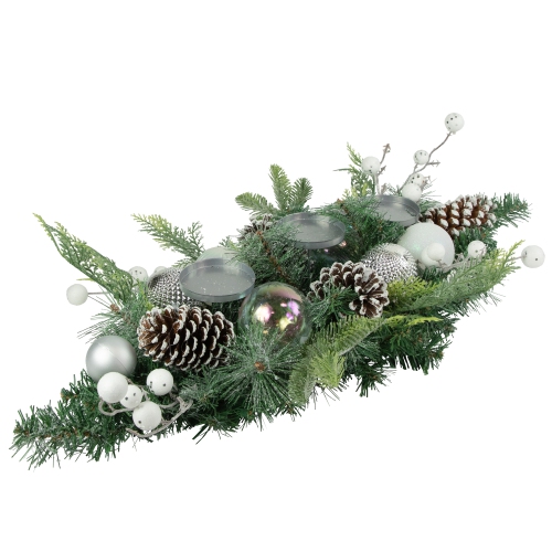 Pine and Berries Triple Candle Holder with Iridescent Christmas Ornaments - 32"