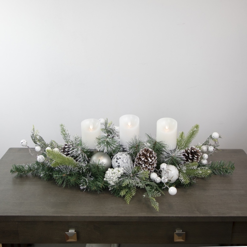 Frosted Pine and Pinecones with Laced Ornaments Christmas Triple Candle Holder - 32"
