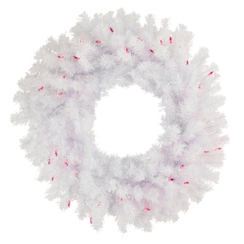 NORTHLIGHT  Pre-Lit Geneva Spruce Artificial Christmas Wreath - - 24" - - Pink Lights In White