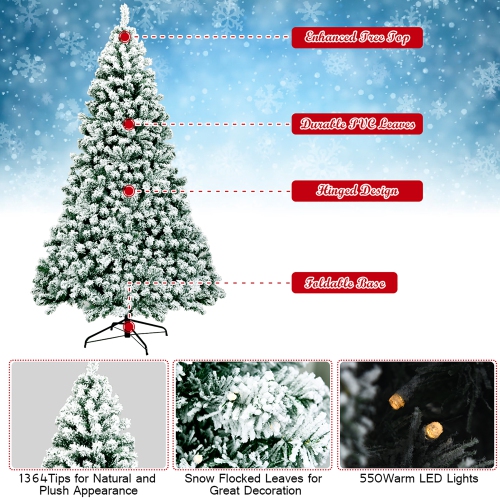 Sapin de Noël Artificiel Floqué et Pré-Illuminé de 228,6 cm de Marque Costway à Charnière avec 550 Lumières