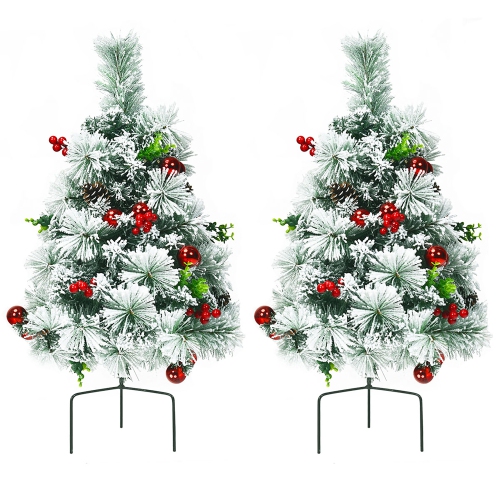 Costway Set of 2 24in Battery Powered Pre-lit Pathway Flocked Christmas Trees Outdoor