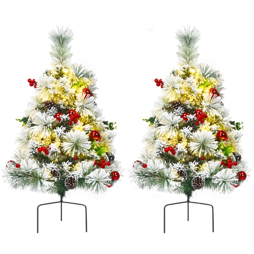 Costway Set of 2 24in Battery Powered Pre-lit Pathway Flocked Christmas Trees Outdoor