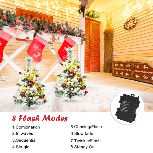 Costway Set of 2 24in Battery Powered Pre-lit Pathway Flocked Christmas Trees Outdoor