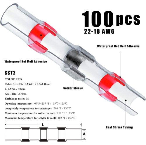 Premium Solder Seal Heat Shrink Butt Connectors 100 pcs Electrical Connectors Waterproof Marine Automotive Wire Connector Kit RED 18-22 AWG Gauge