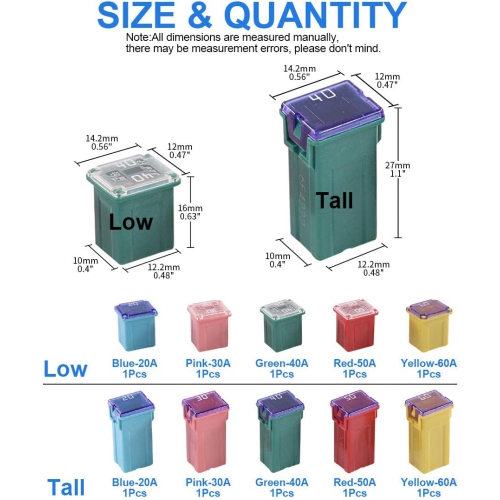 Fusible 10 pièces automobile, basse et haute/haute, forme de boîtier standard, 20 a, 30 a, 40 a, 50 a, 50 a, 50 a, pour Ford, Chevrolet/GM, Nissan et