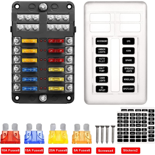 12 Way Blade Fuse Block, 12V Automotive Fuse Box Holder, Waterproof Cover with Negative Bus Fuse Panel LED Indicator for Automotive Car Truck Boat