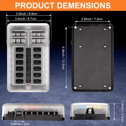 12 Way Blade Fuse Block, 12V Automotive Fuse Box Holder, Waterproof Cover with Negative Bus Fuse Panel LED Indicator for Automotive Car Truck Boat